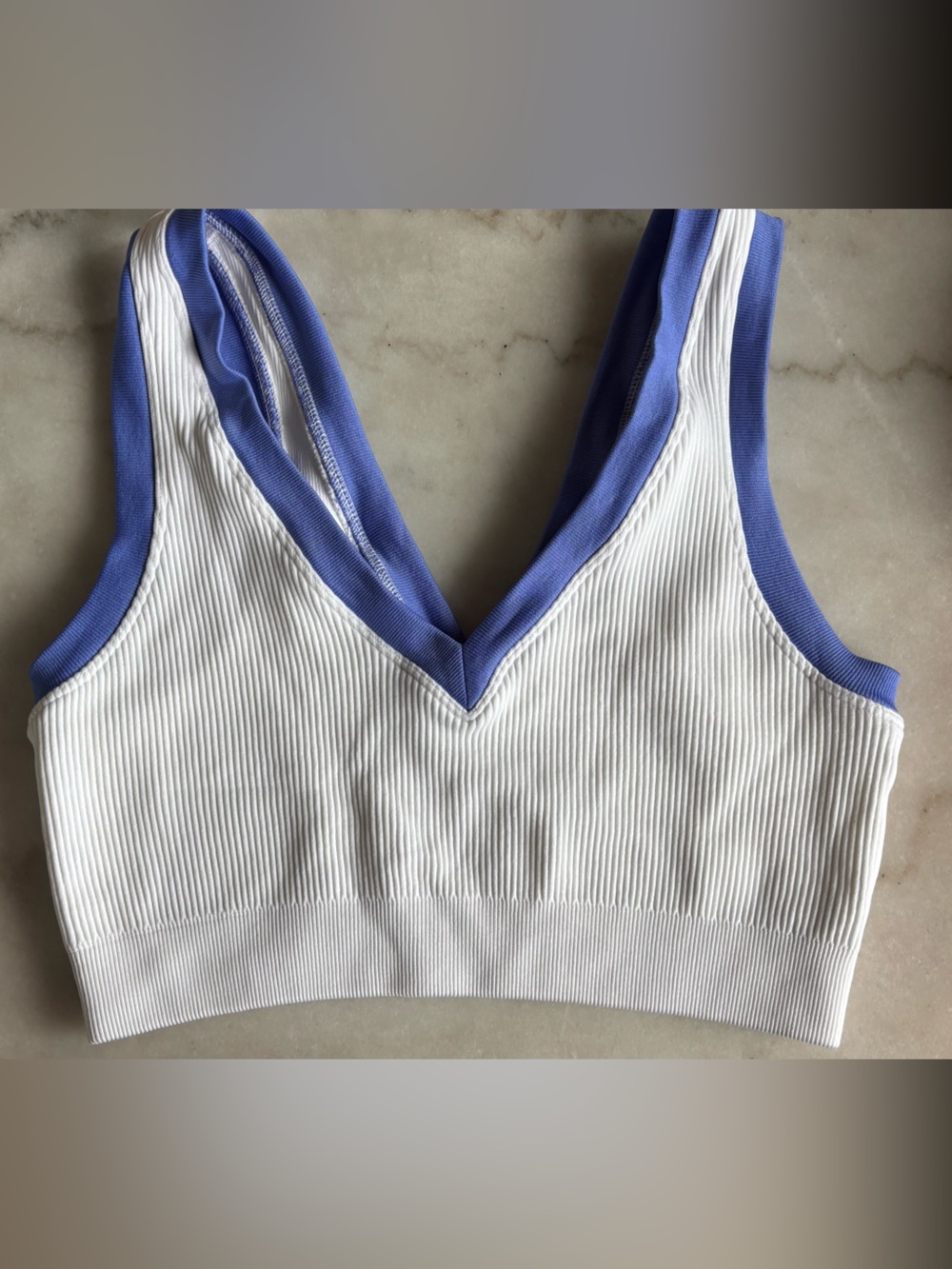 aerie OFFLINE Ribbed V-Neck Sports Bra in White and Blue